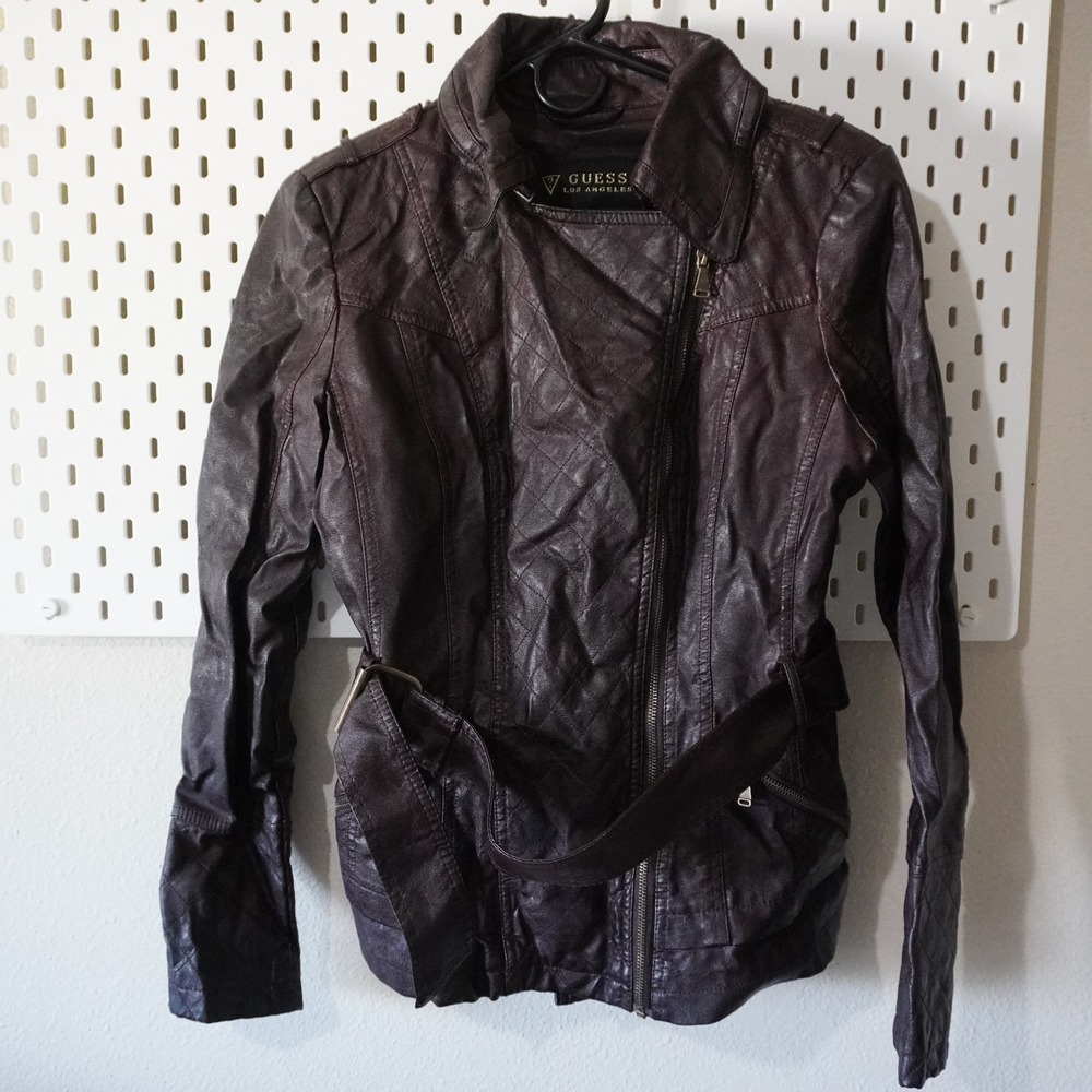 Guess Dark Brown Faux Leather Jacket Quilted Moto Women's Size S Belted Zip Up‎